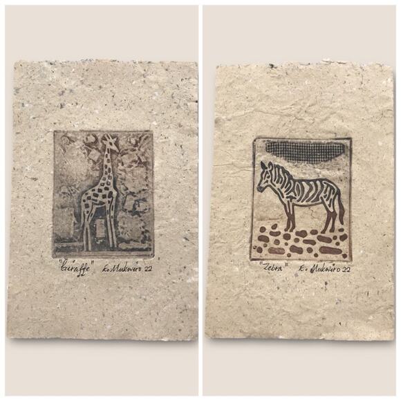 Animal Print Etchings on Handmade Paper by Emmanuel Mukwiro "Zebra" & "Giraffe" - Picture 1 of 7